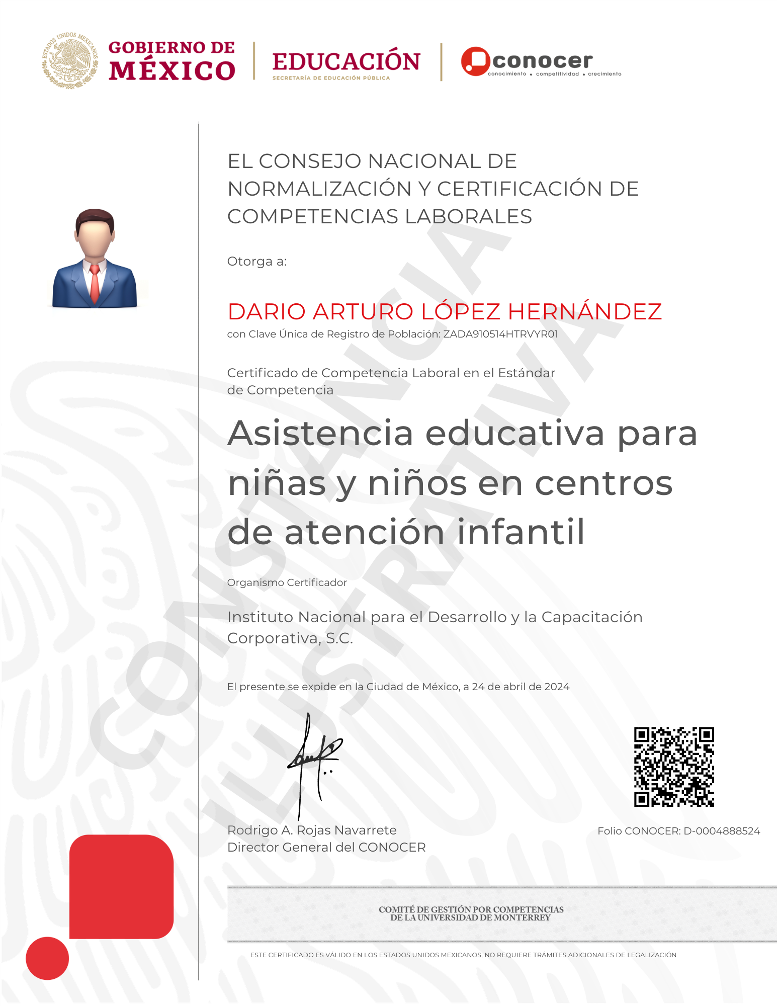 Certificado CONOCER/SEP — Asistencia educativa para niñas y niños en centros de atención infantil