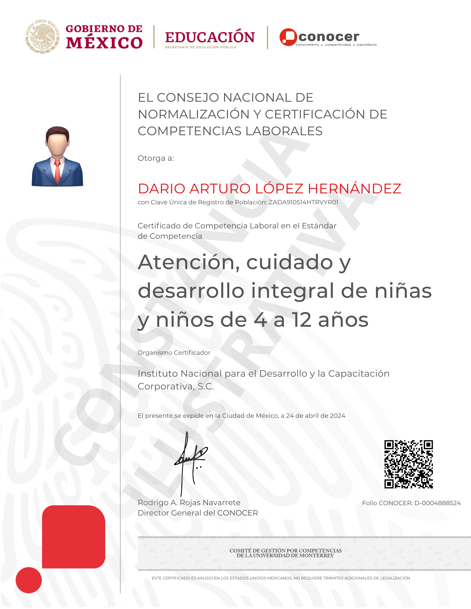 Certificado CONOCER/SEP — Atención, cuidado y desarrollo integral de niñas y niños de 4 a 12 años