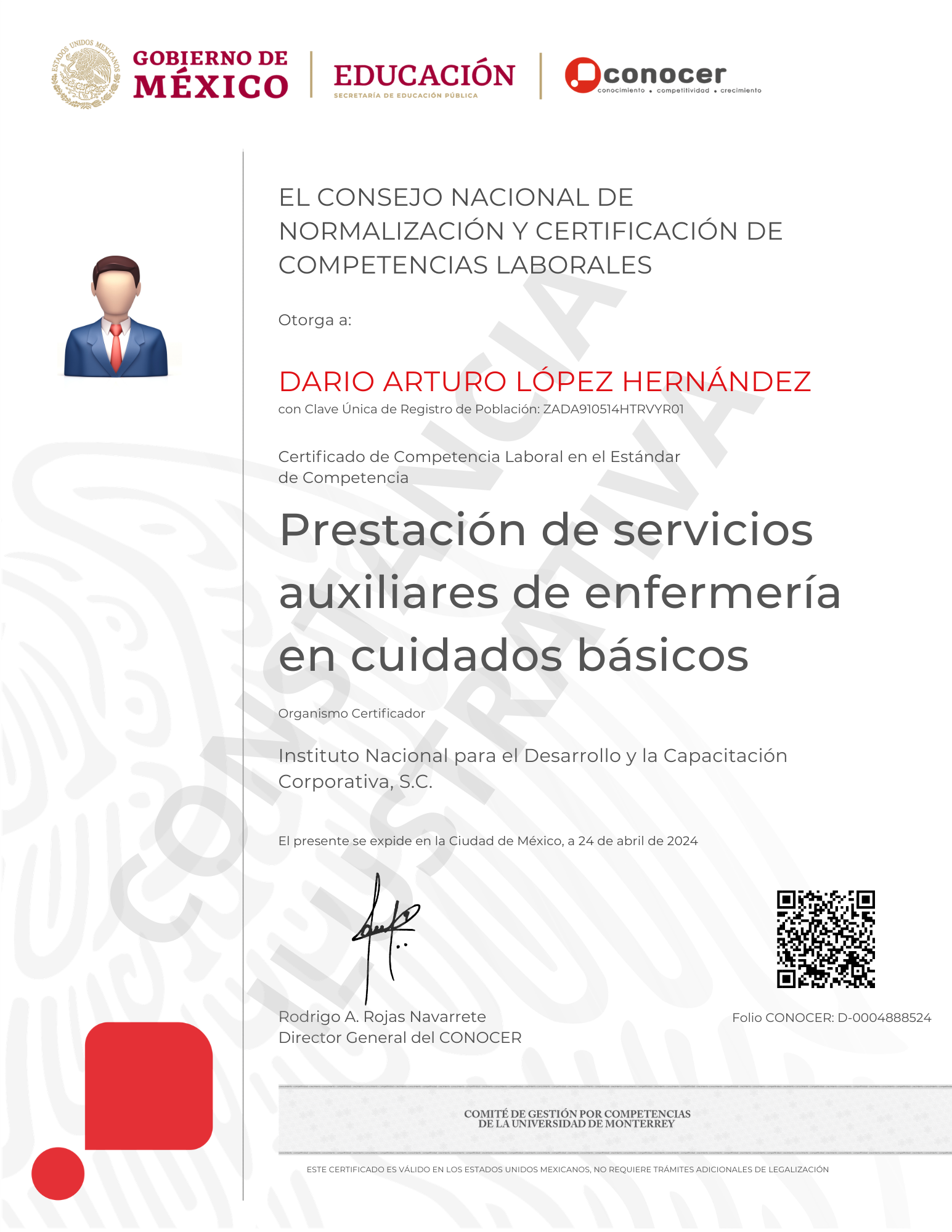 Certificado CONOCER/SEP Auxiliar de Enfermería