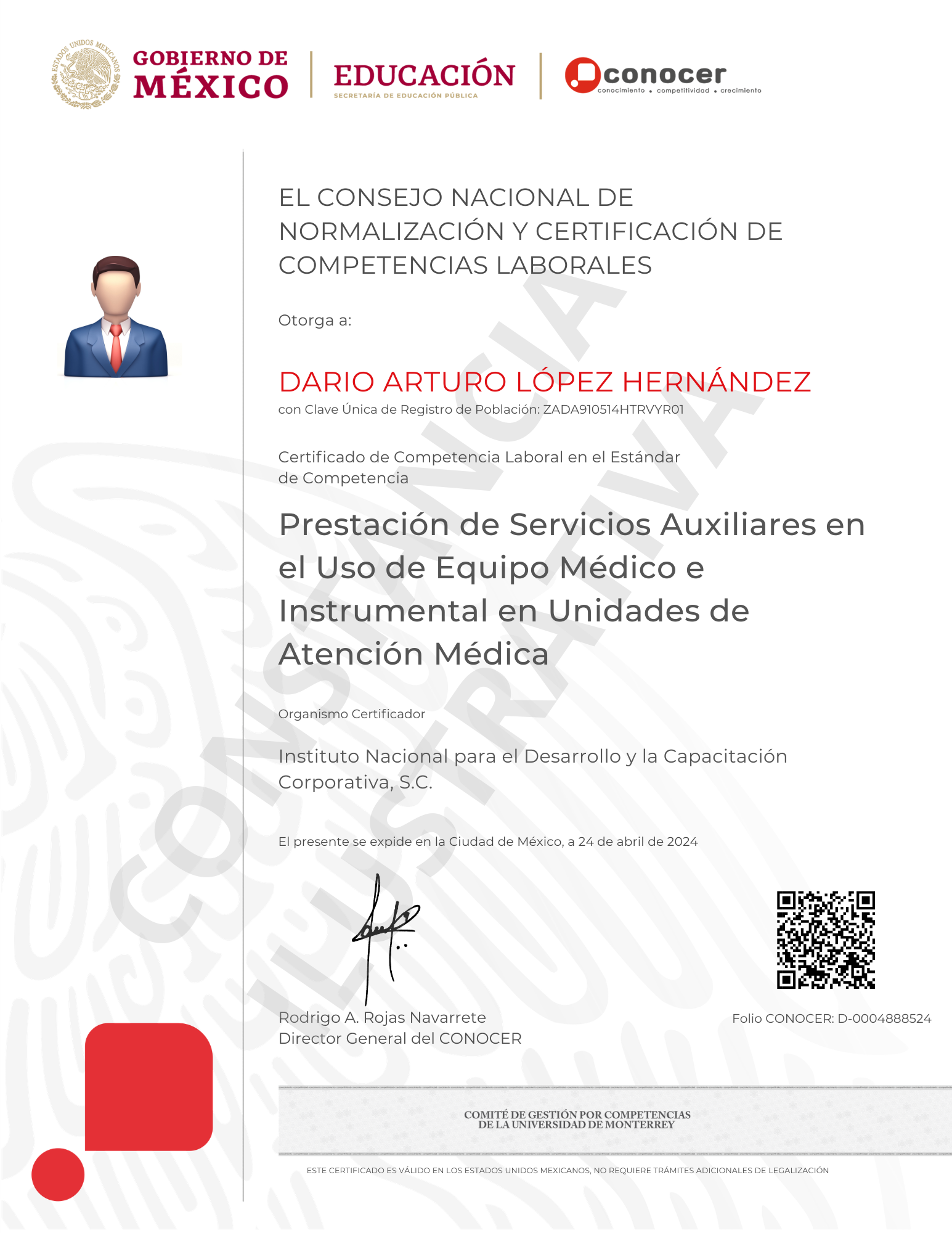 Certificado CONOCER/SEP — Prestación de Servicios Auxiliares en el Uso de Equipo Médico e Instrumental